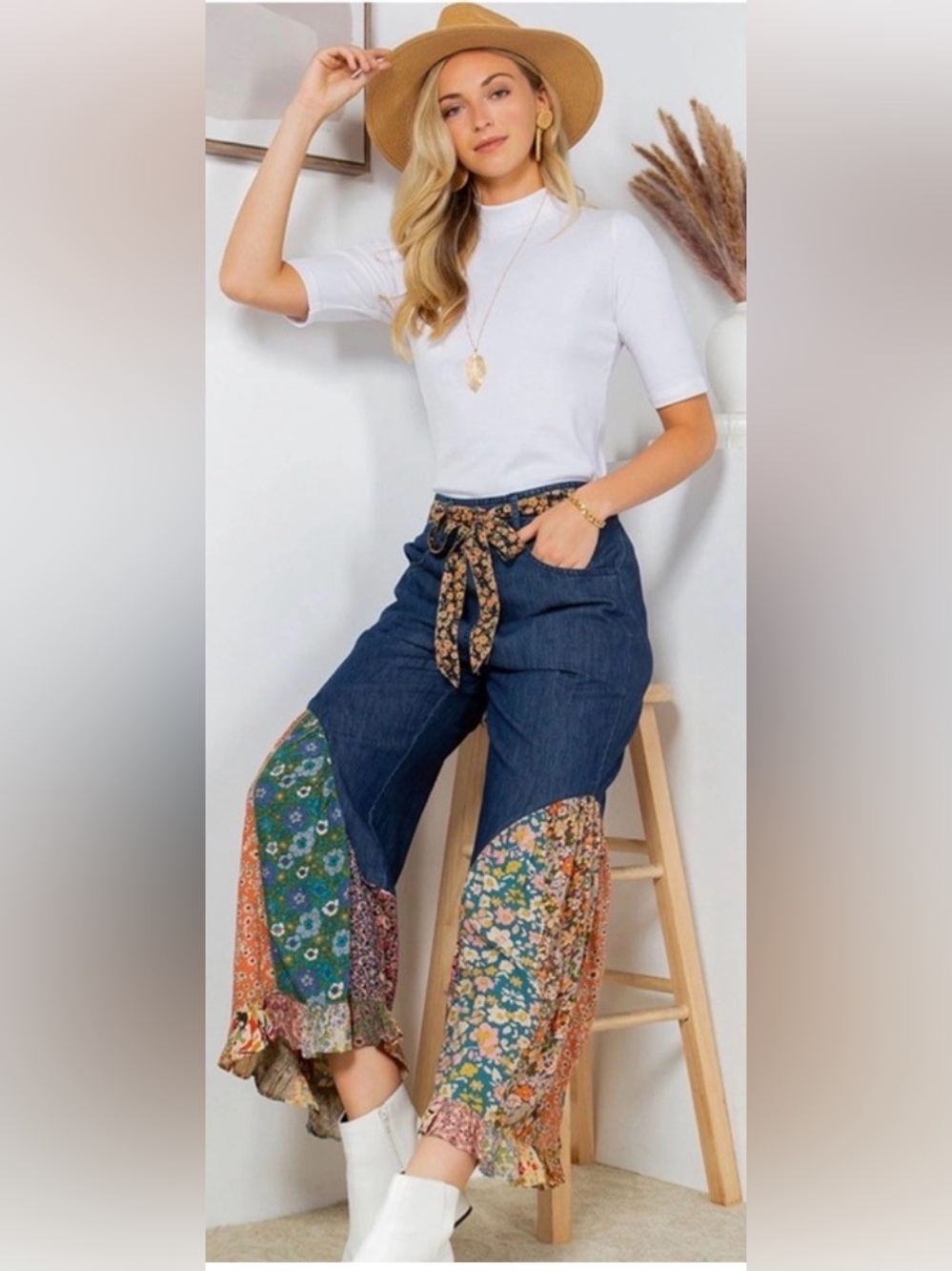YOUNG THREADS Boho Patchwork Wide-Leg Pants with Floral Panels